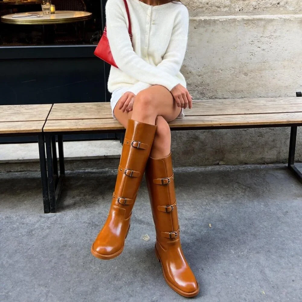 Women's C-brown Round Toe Wide Calf Chunky Low Heel Pull Knee High Boots Rubber
